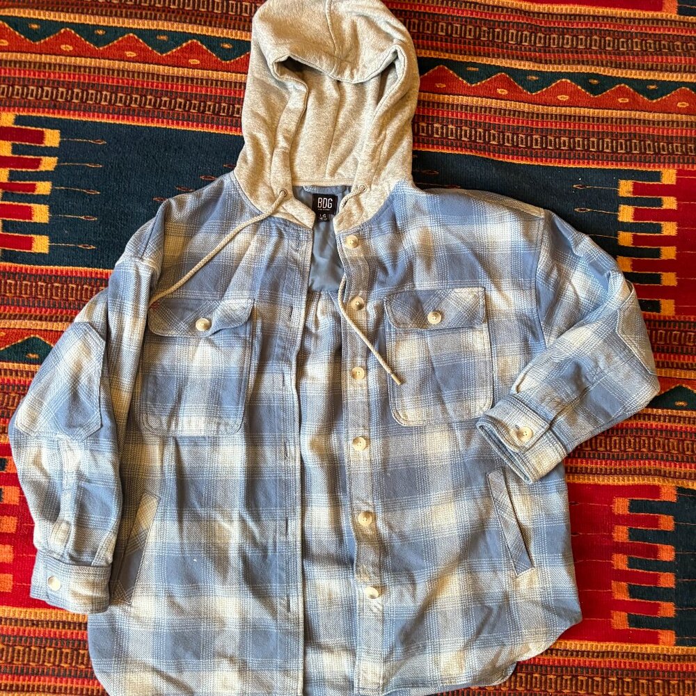 BDG Blue Plaid Flannel Jacket w/ Built-in Hoodie – Size Large, Oversized Fit
